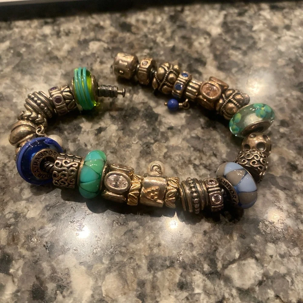 Pandora Moments Silver Bracelet with Blue green murano glass Charms - Picture 5 of 11